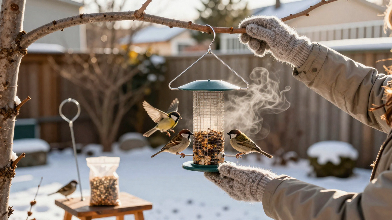 Pessoa com luvas segurando comedouro de pássaros enquanto três aves se alimentam no jardim com neve.