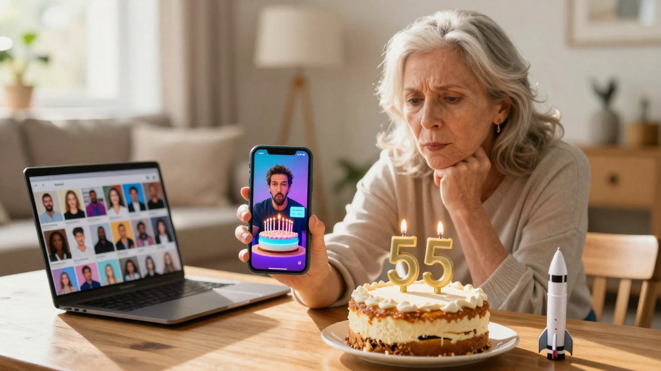 Mulher idosa fazendo vídeo chamada de aniversário com bolo e vela de 55 anos em mesa.