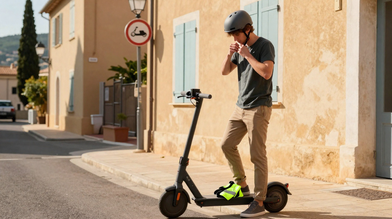 Homem com capacete se preparando para andar de patinete elétrico em rua de cidade tranquila.