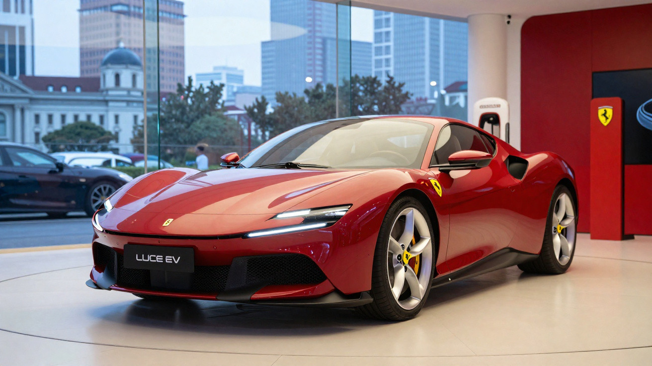 Carro esportivo vermelho Ferrari Luce EV exibido em showroom moderno com fachada de vidro.