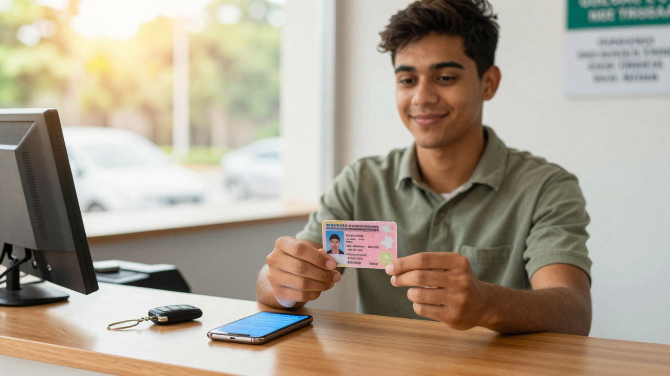Jovem sorridente segurando carteira nacional de habilitação sentado em balcão com celular e chave de carro.