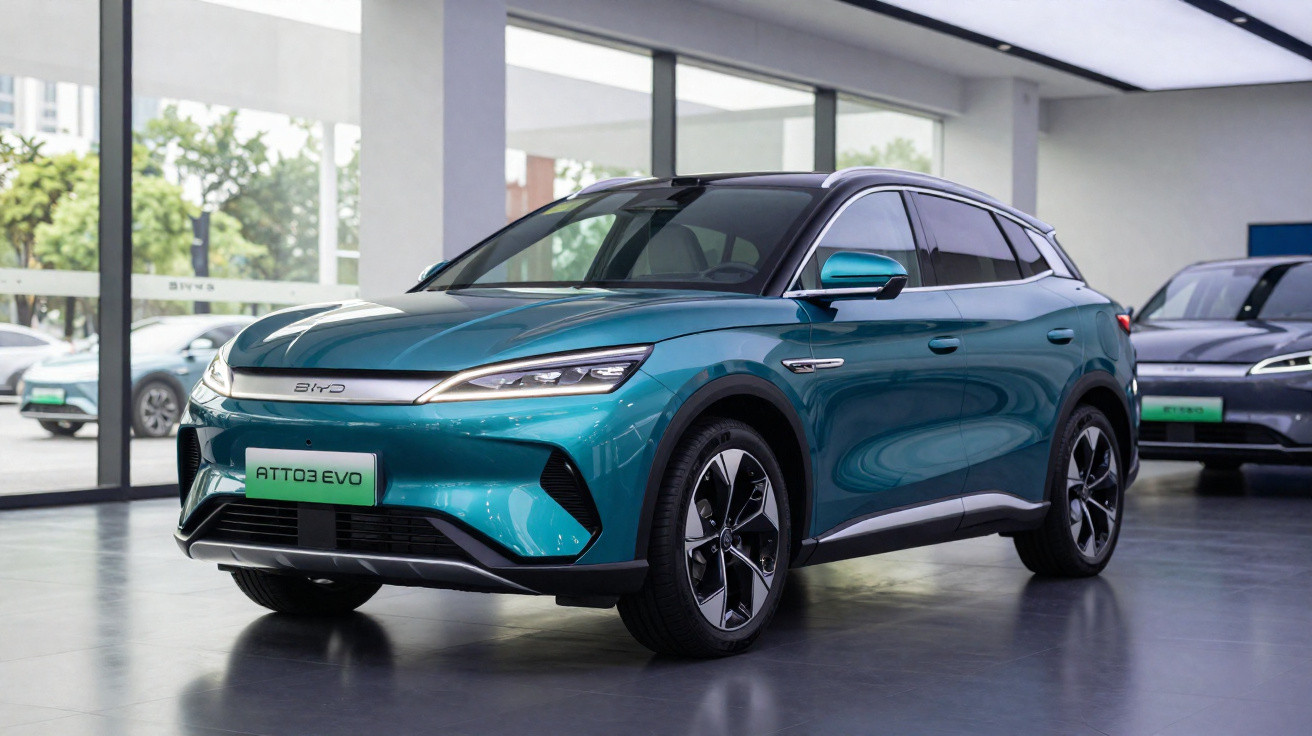 Carro SUV elétrico azul Bird EOTTO EVO em showroom moderno com piso cinza e paredes com janelas grandes.