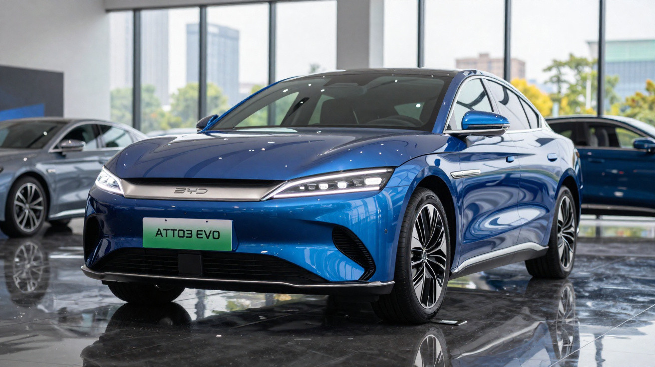 Carro elétrico azul BYD Atto 3 Evo exibido em showroom com chão refletivo e janelas grandes ao fundo.
