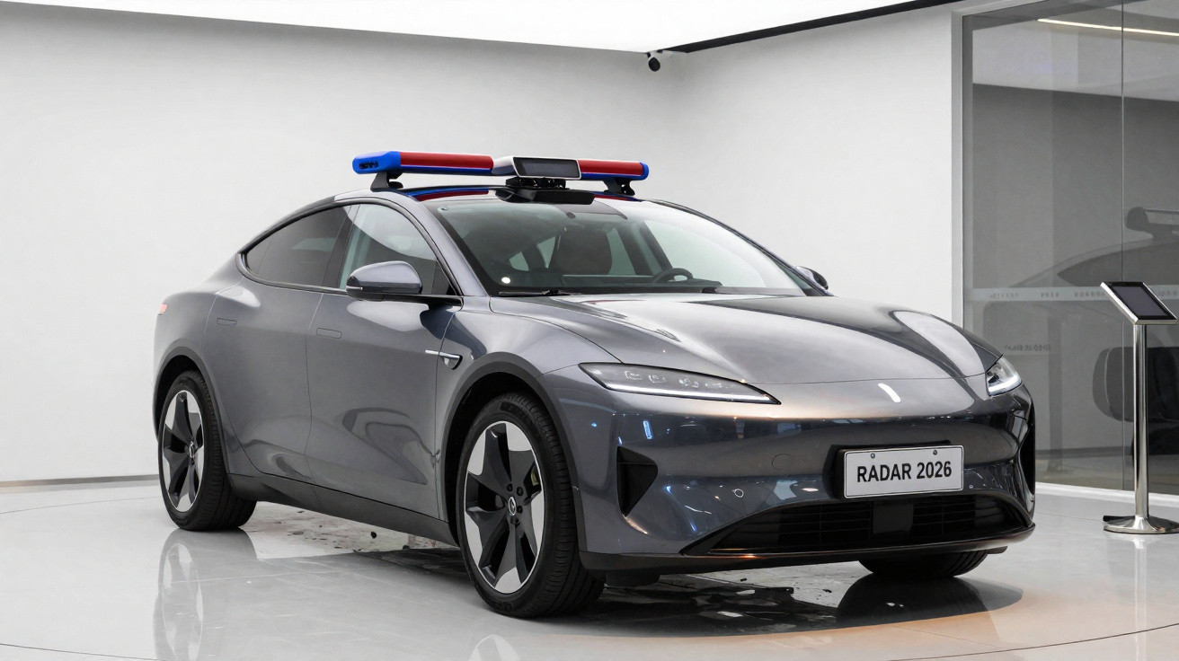 Carro cinza moderno com luzes de sirene azul e vermelha no teto, em ambiente interno branco.