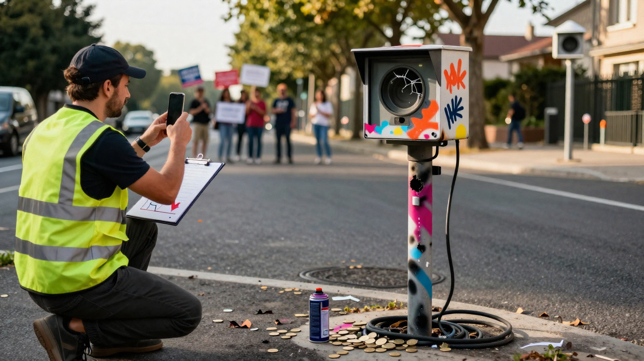Homem de colete refletivo registra com celular caixa quebrada de radar de velocidade colorida na rua.