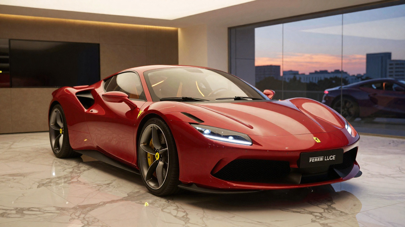 Carro esportivo Ferrari vermelho estacionado em piso de mármore dentro de showroom moderno.