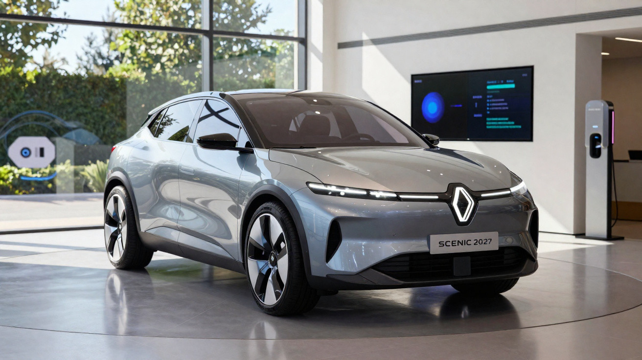 Carro elétrico cinza Renault Scenic 2027 exibido em showroom moderno com estação de carregamento ao fundo.