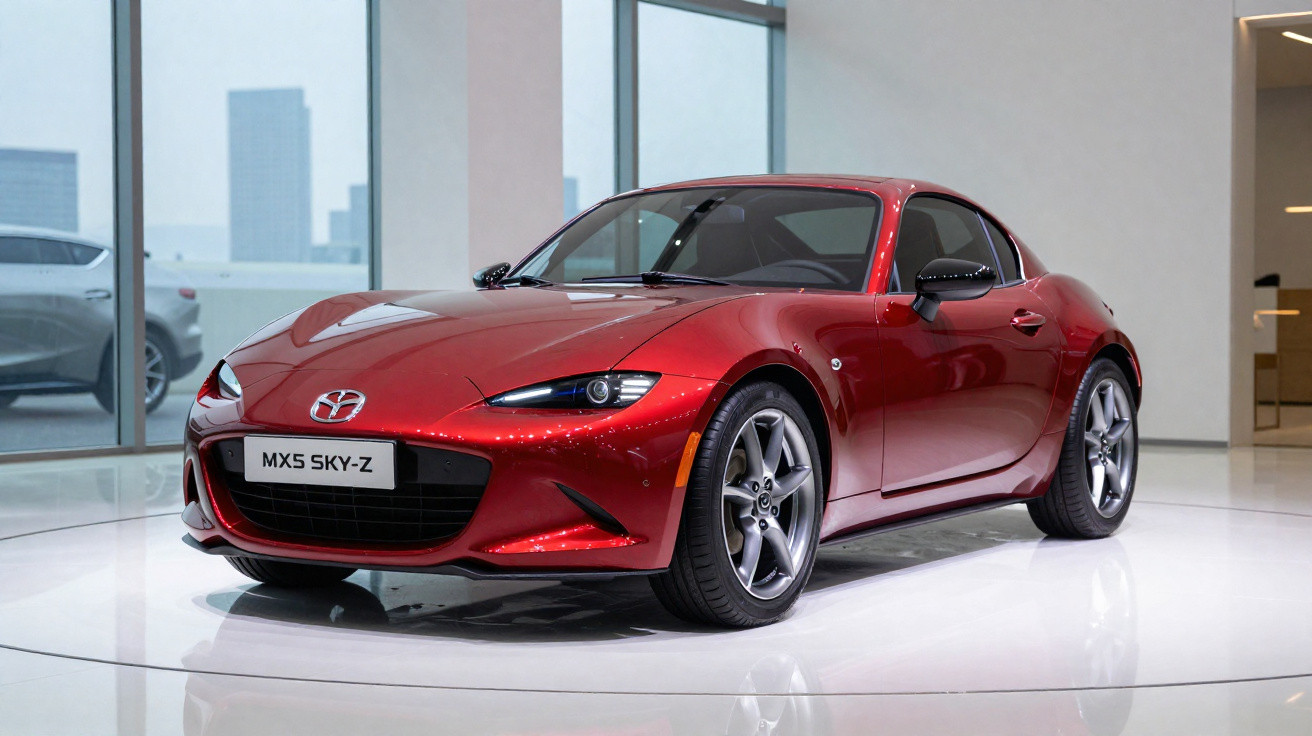 Carro esportivo vermelho Mazda MX5 SKY-Z exibido em sala de exposição moderna com piso branco brilhante.