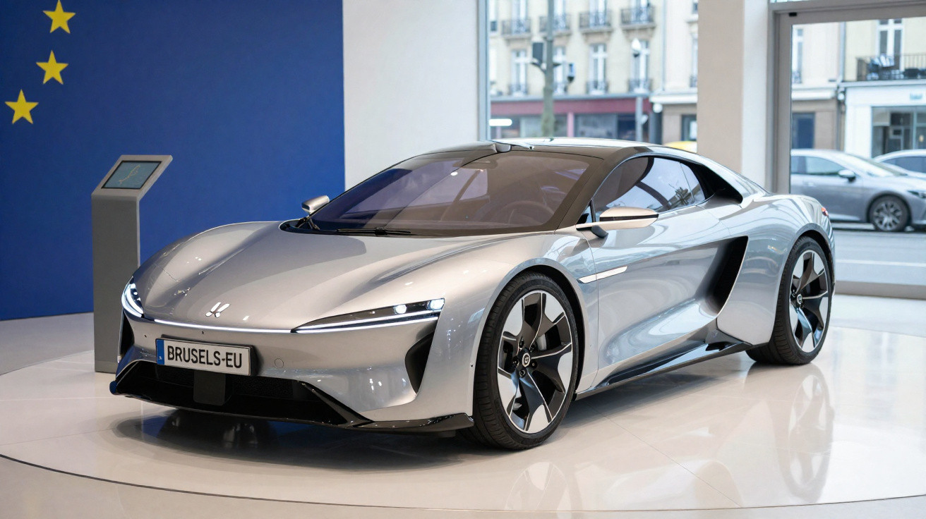 Carro esportivo elétrico cinza exposto em showroom com design moderno e aerodinâmico.