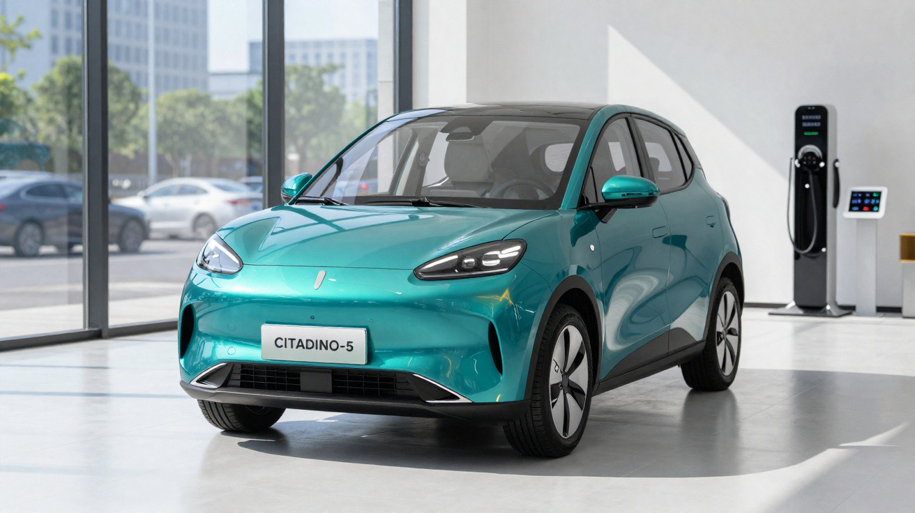 Carro elétrico compacto verde Citadino-5 em showroom com estação de carregamento ao fundo.