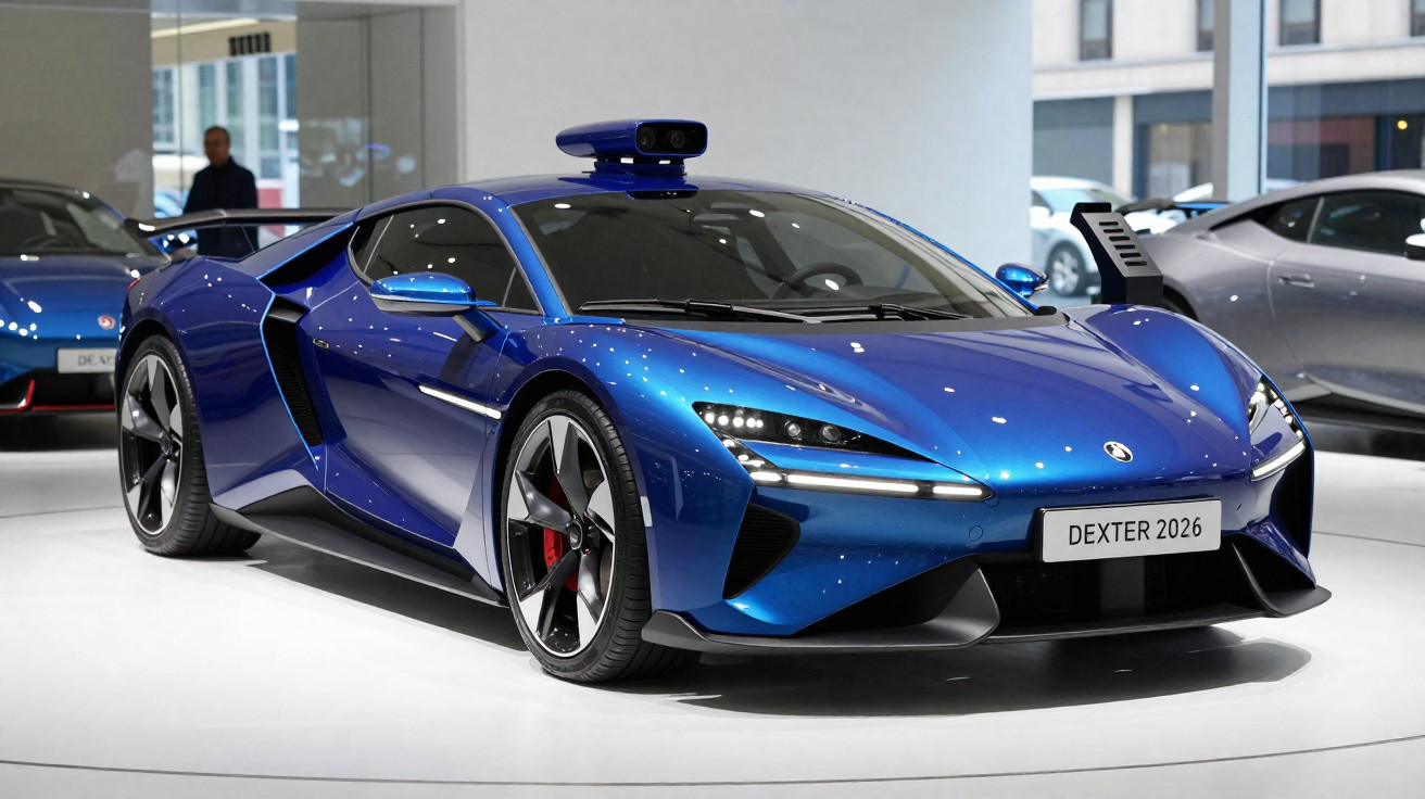 Carro esportivo azul metálico com design futurista e placa com texto "DEXTER 2026" exibido em exposição interna.