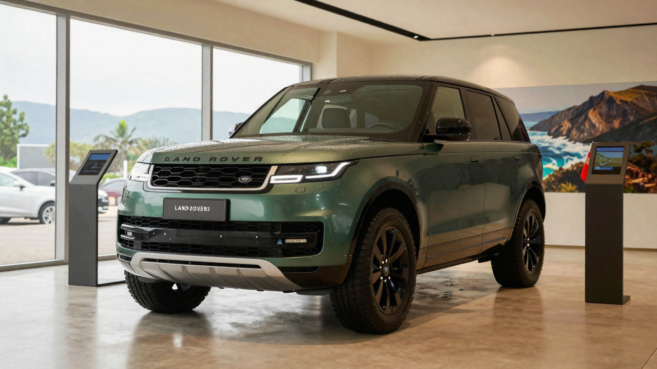 SUV Land Rover verde estacionada em showroom moderno com piso de cimento polido e grandes janelas.