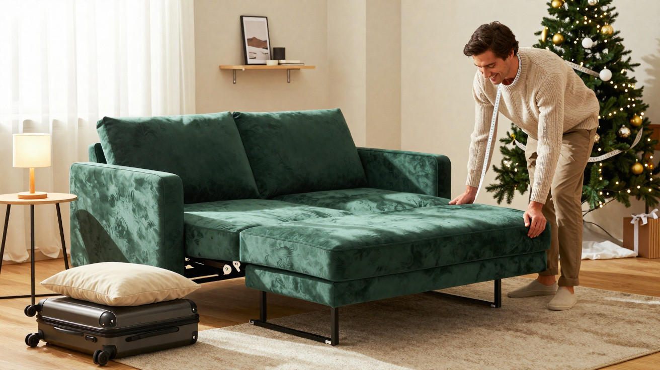 Homem ajusta sofá-cama verde em sala decorada com árvore de Natal e mala preta no chão.