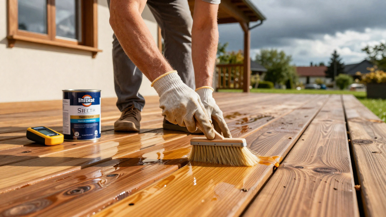 Pessoa aplicando verniz com pincel em madeira de deck externo em dia nublado.