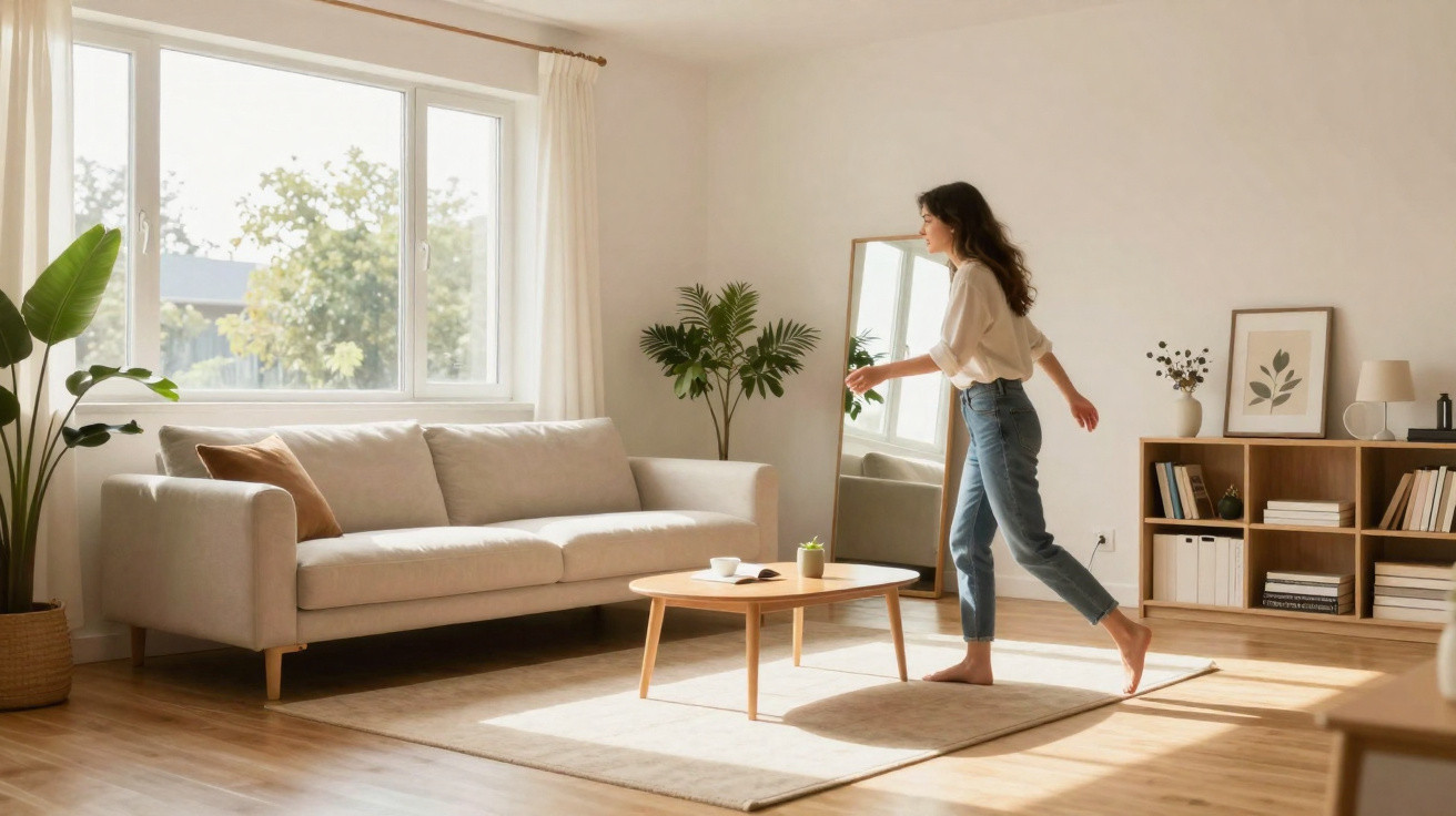 Mulher caminhando descalça em sala iluminada com sofá, móveis de madeira e plantas decorativas.