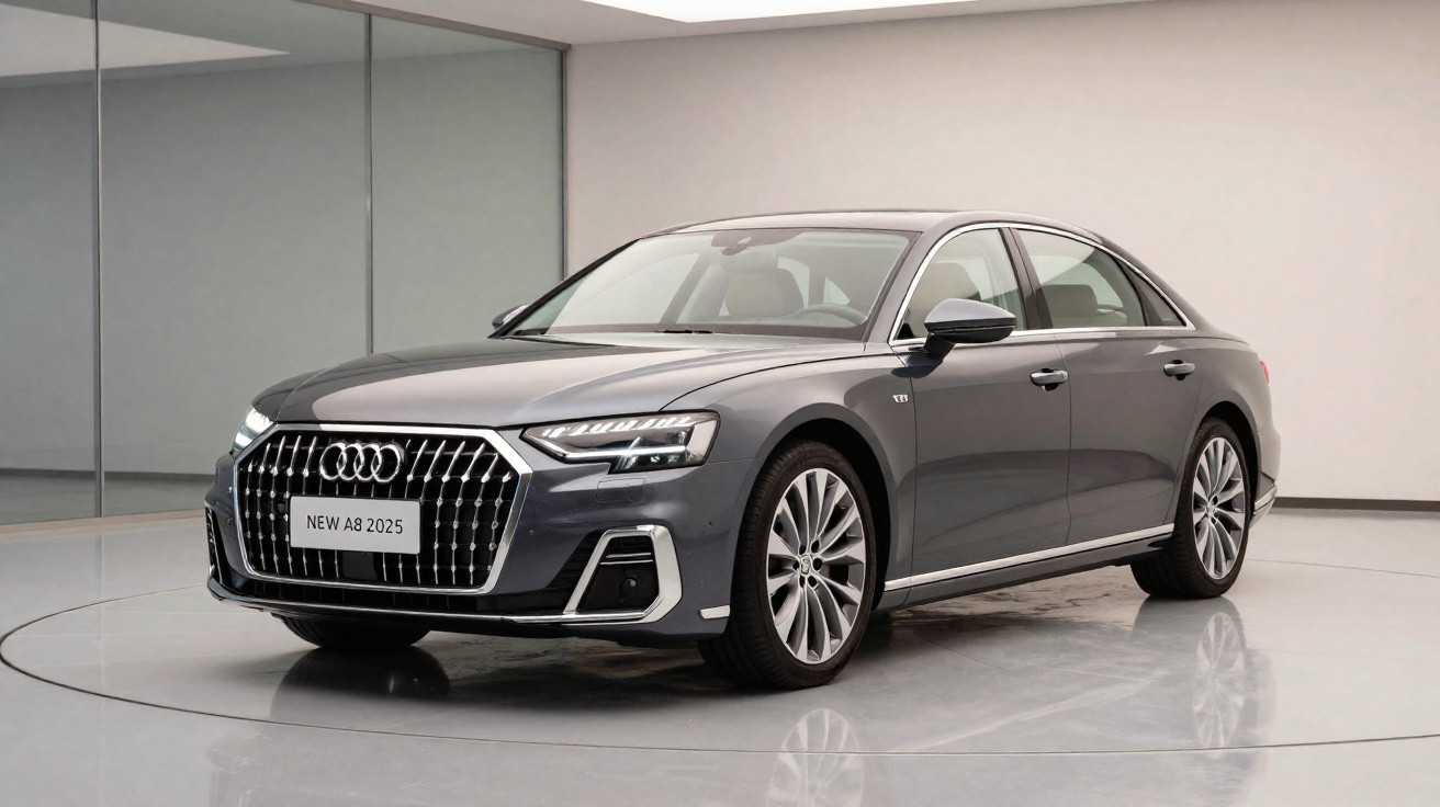 Carro cinza Audi A8 2025 estacionado em ambiente interno com parede branca e espelho.