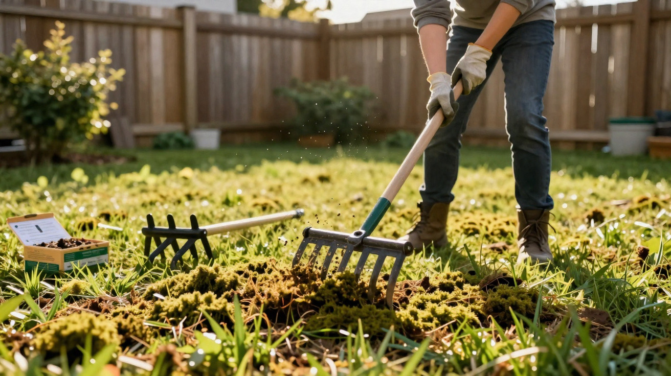 Pessoa usando luvas e ferramentas de jardinagem para preparar o solo no jardim ensolarado.