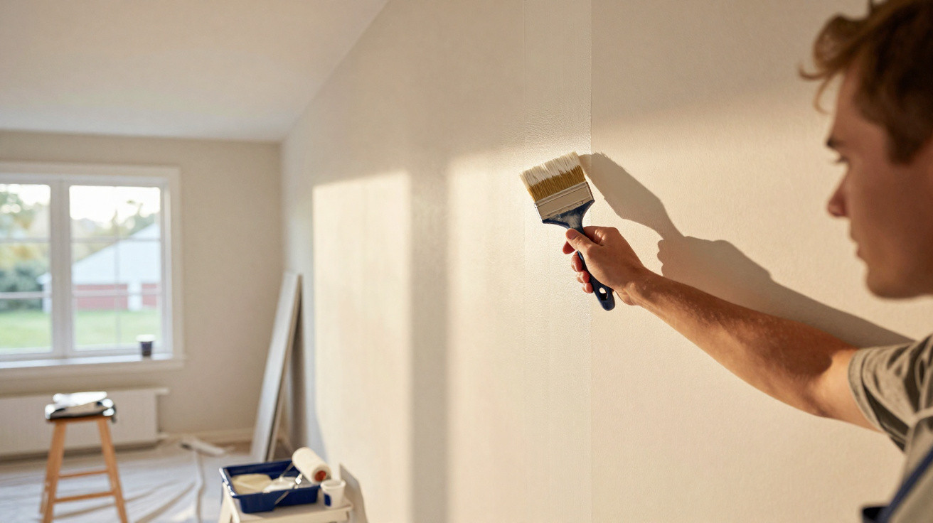 Homem pintando parede interna de tom bege claro em ambiente iluminado pela luz natural.