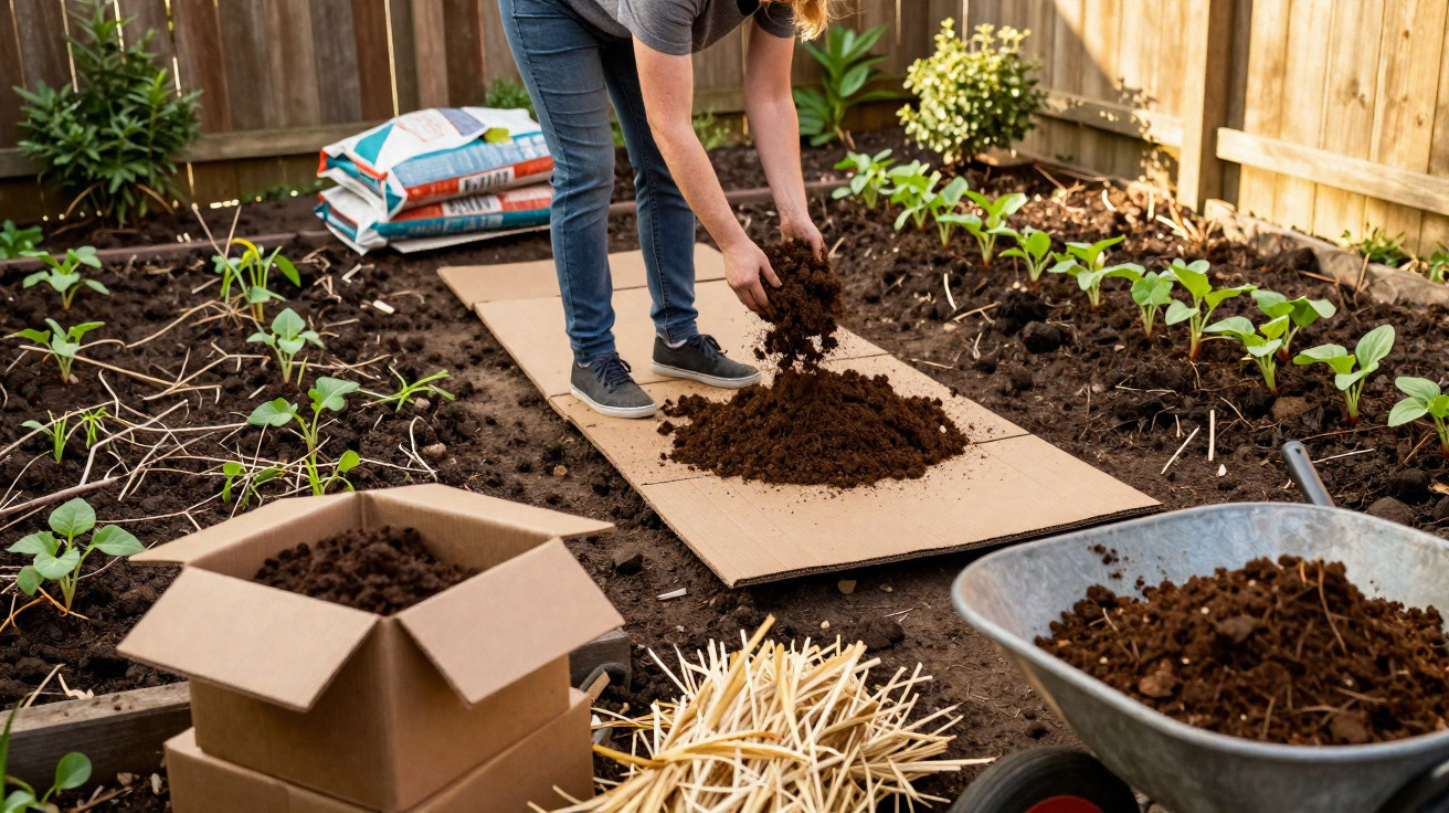 Pessoa preparando a terra em horta com mudas, carrinho de mão, caixa e sacos de adubo atrás.