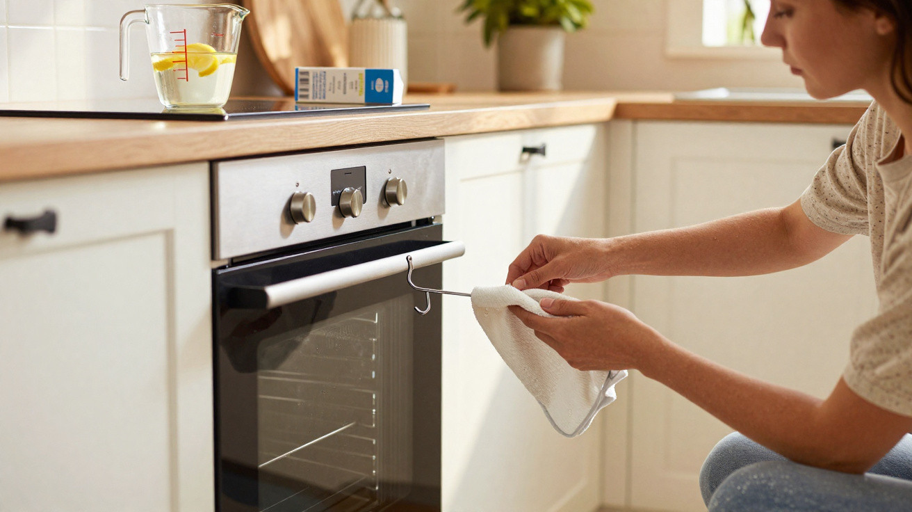 Pessoa abaixada abrindo forno embutido em cozinha clara com pano branco na mão.