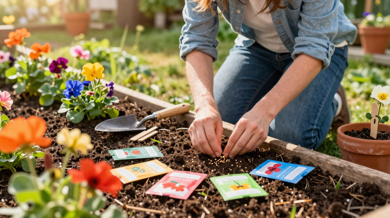 Pessoa plantando sementes em canteiro com pacotes coloridos de sementes e flores ao redor.