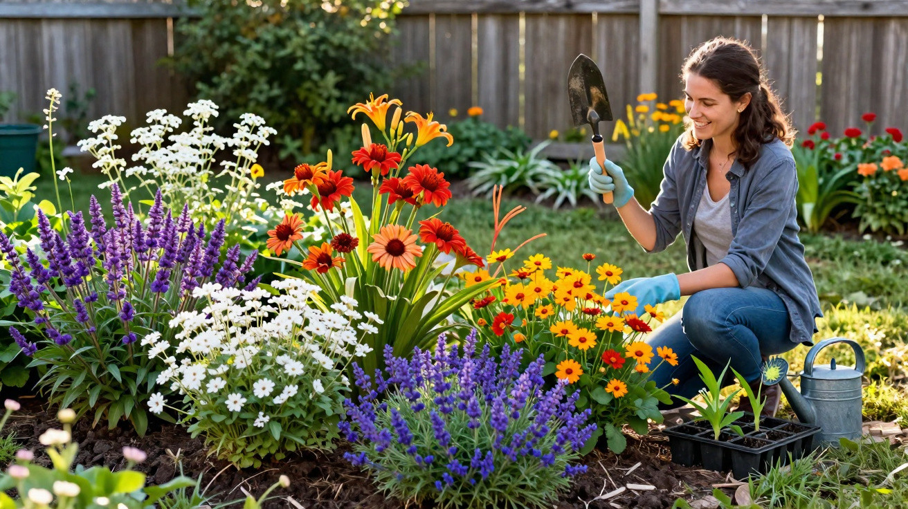 Mulher cuidando de jardim colorido com flores roxas, brancas, vermelhas e amarelas em área cercada.