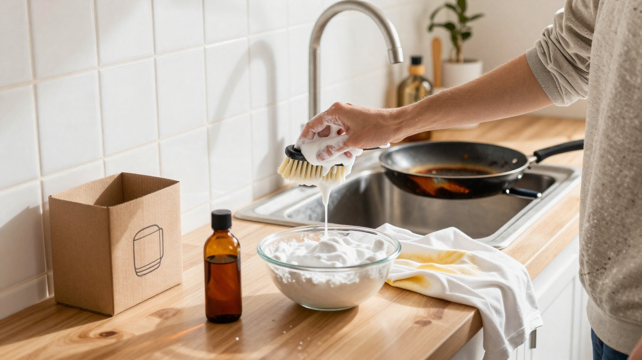 Pessoa usando escova para esfregar com espuma branca em pia de cozinha moderna com frasco e panela ao fundo