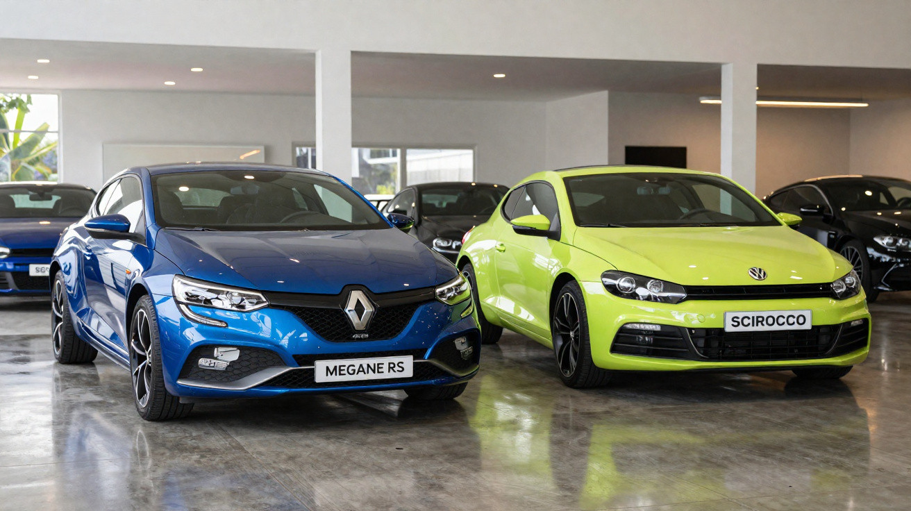 Carros esportivos azul Renault Megane RS e verde Volkswagen Scirocco em showroom moderno.