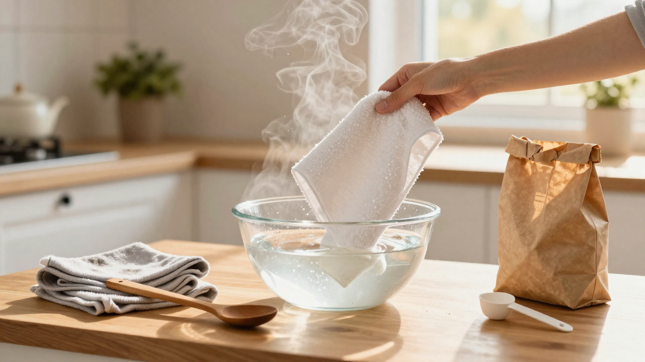 Mão mergulhando pano branco em tigela com água quente e vapor em cozinha iluminada.