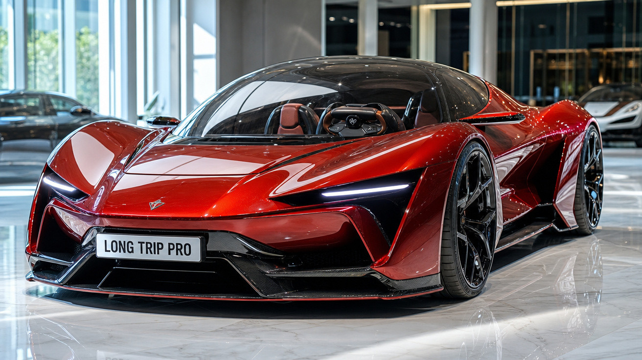 Carro esportivo vermelho brilhante com design futurista exposto em ambiente interno moderno.