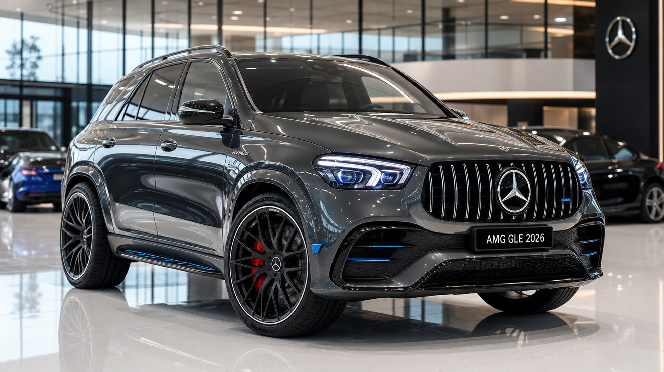 SUV cinza Mercedes-AMG GLE 2026 exibido em showroom moderno com rodas pretas e detalhes azuis.