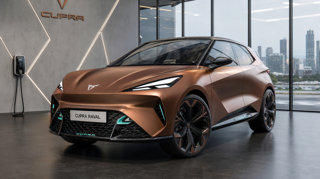 Carro conceito Cupra Raval elétrico bronze, com design moderno, em showroom com janelas amplas e vista urbana.