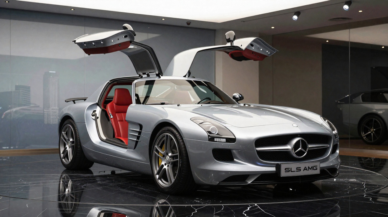 Carro esportivo prata Mercedes-Benz SLS AMG com portas asa de gaivota abertas em showroom luxuoso.