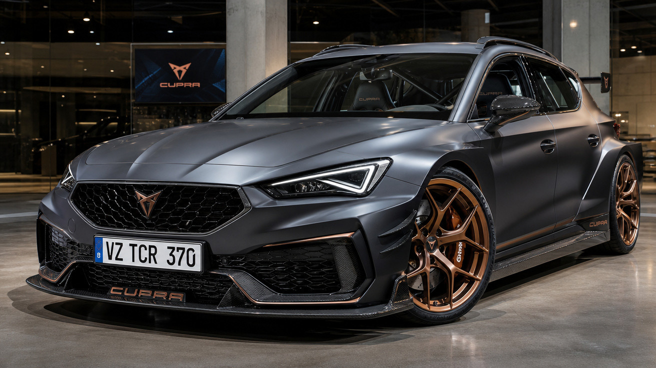 Carro esportivo Cupra cinza fosco com rodas douradas exposto em ambiente interno moderno.