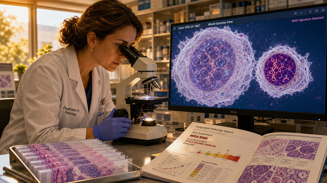 Pesquisadora em laboratório usa microscópio com imagens de células no computador ao lado e lâminas de amostras.