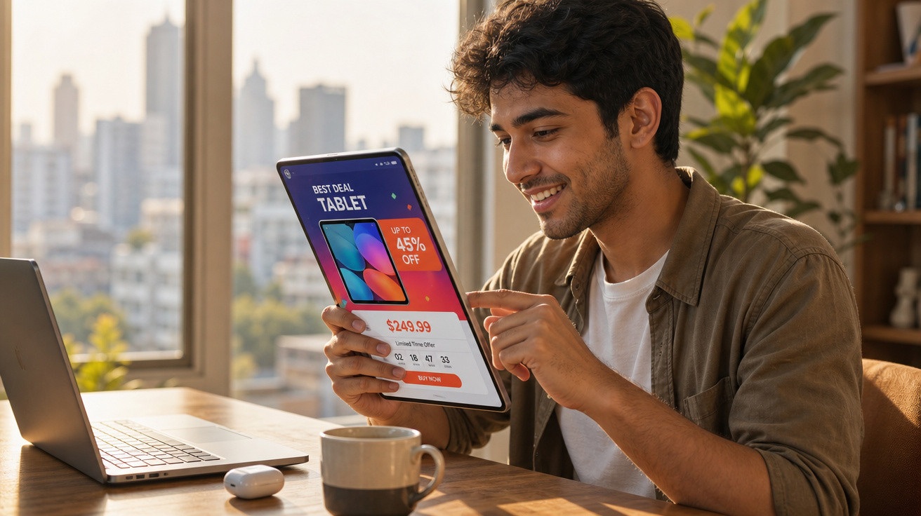 Jovem sorrindo e segurando tablet com oferta de desconto enquanto está em ambiente de trabalho em casa.