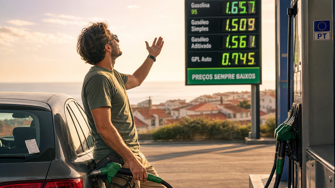 Homem parado ao lado do carro abastecendo e olhando para placa de preços em posto de gasolina.