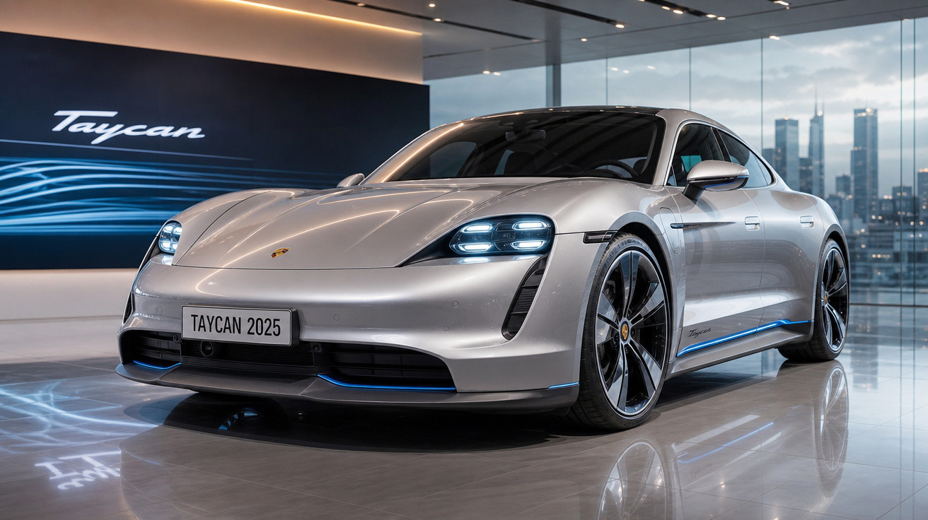Carro elétrico esportivo Porsche Taycan prata exibido em ambiente interno moderno com fachada de vidro e vista urbana.