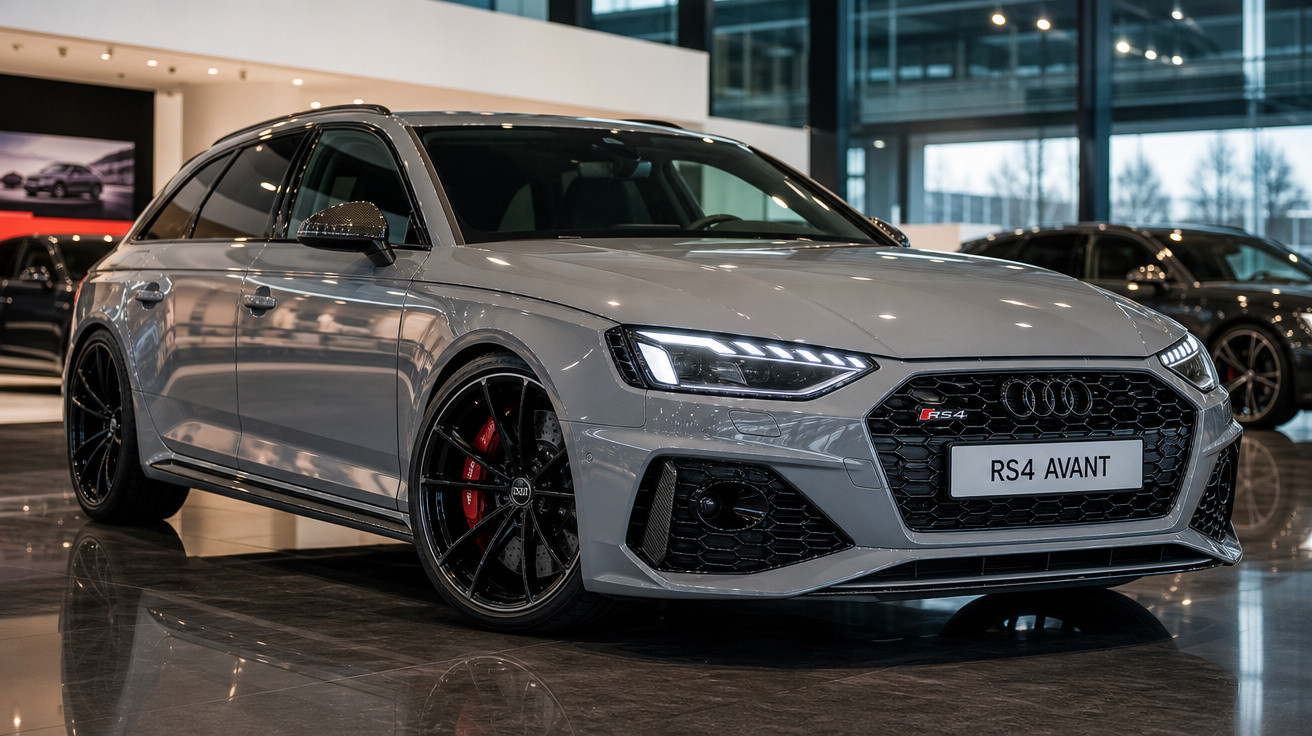 Audi RS4 Avant cinza estacionado em showroom com rodas pretas e freios vermelhos.