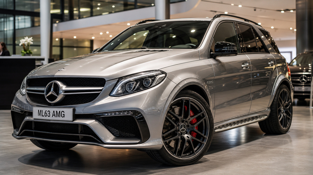 Carro SUV Mercedes-Benz ML63 AMG prata exibido em showroom moderno.