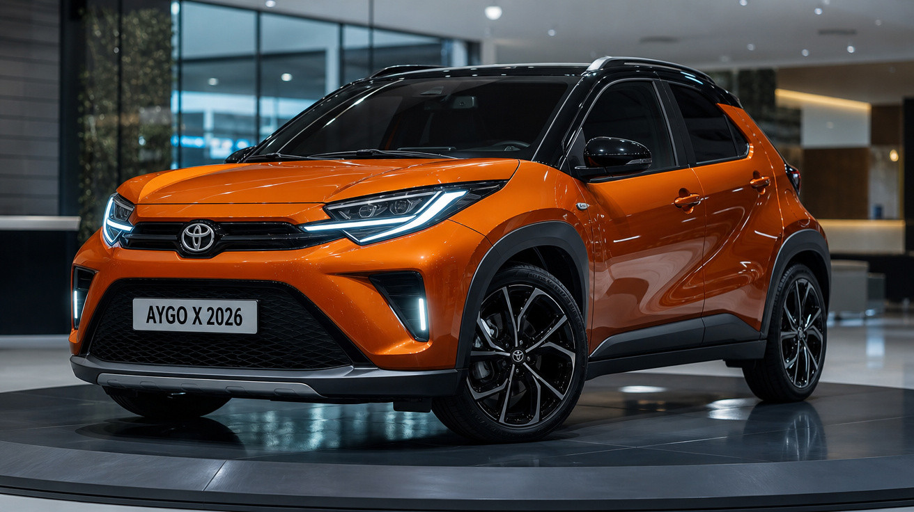 Carro Toyota Aygo X 2026 laranja em exposição, com faróis acesos em ambiente interno moderno.