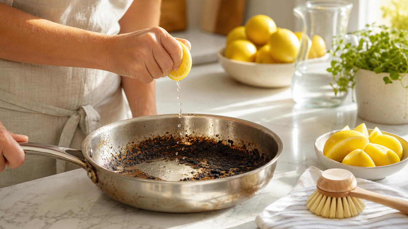 Pessoa espremendo limão em frigideira queimada para limpeza em cozinha iluminada natural.