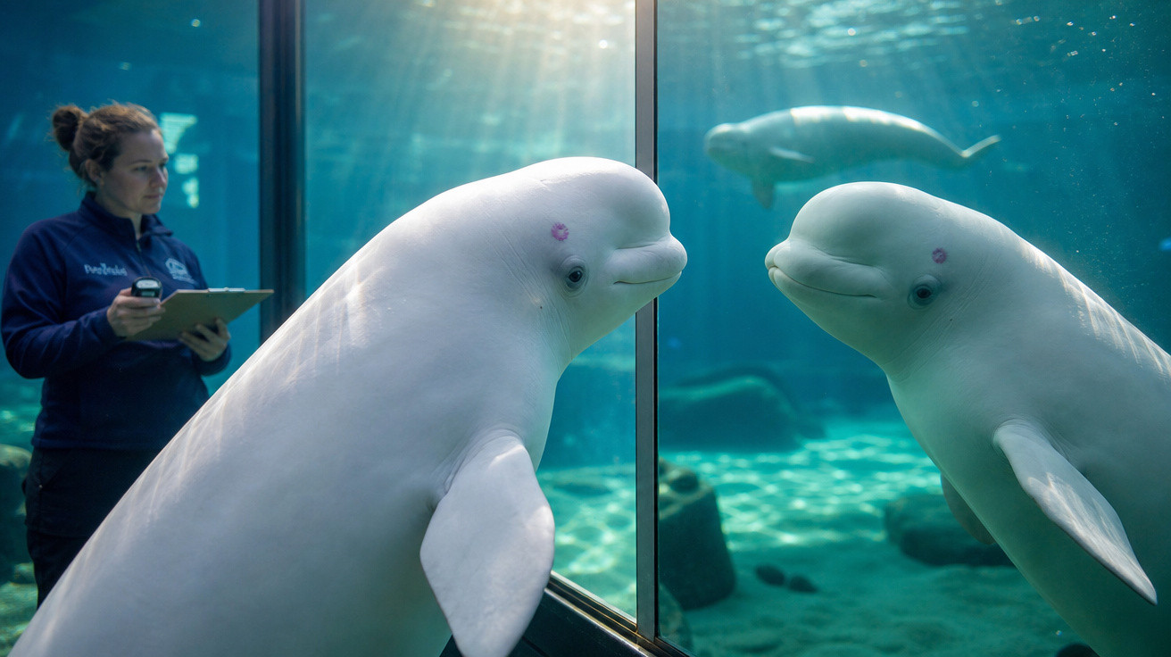 Baleia beluga próxima a vidro de aquário, com tratadora observando ao fundo com prancheta.
