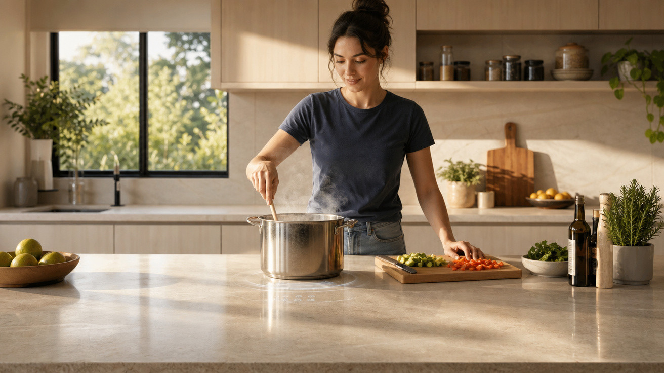 Mulher cozinhando em cozinha moderna, mexendo panela e cortando legumes na bancada clara.
