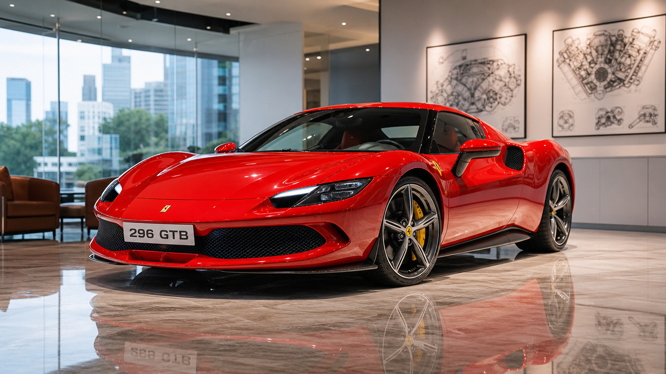 Carro esportivo Ferrari 296 GTB vermelho exibido em salão moderno com piso refletivo.