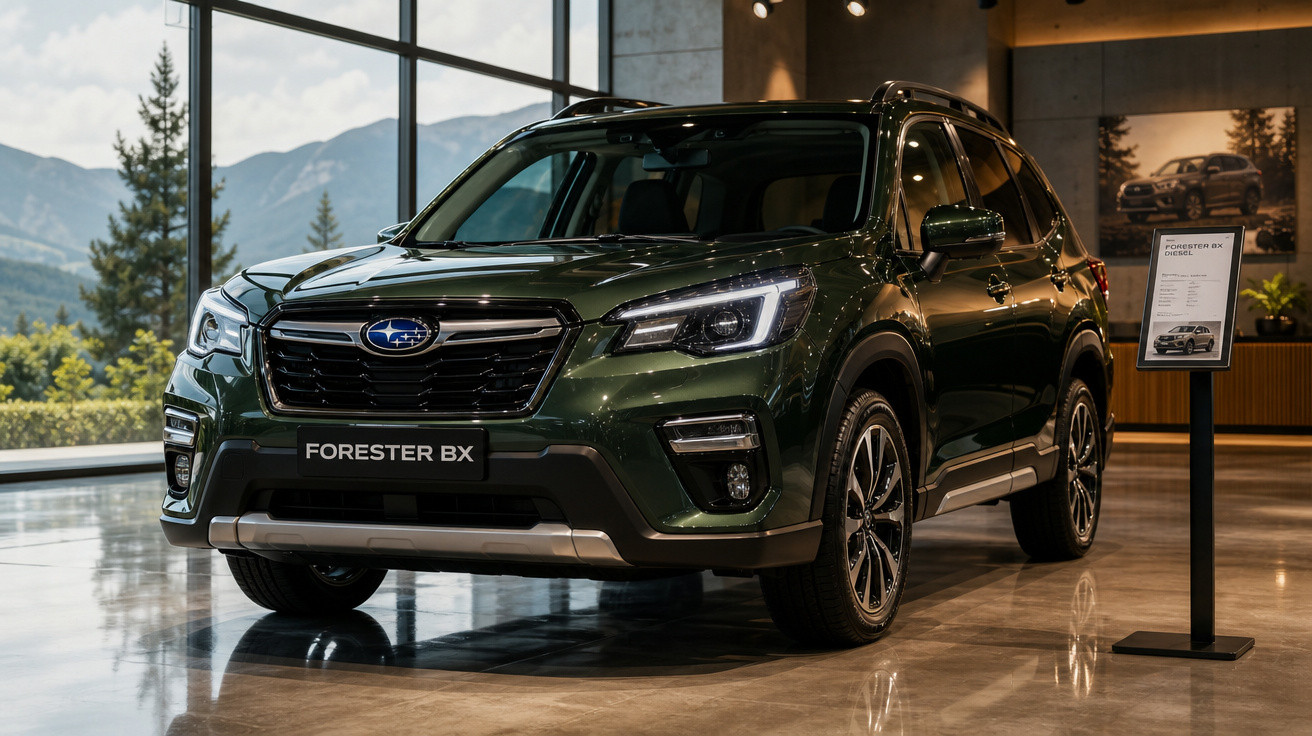 SUV verde Subaru Forester BX exibido em showroom moderno com grandes janelas e paisagem montanhosa ao fundo.