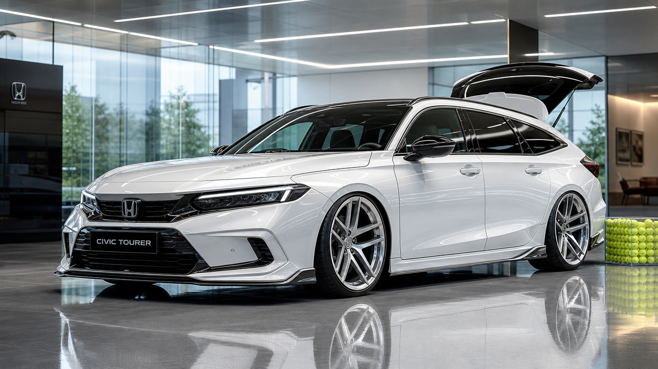 Carro branco Honda Civic Tourer estacionado em showroom com porta traseira aberta e rodas esportivas.