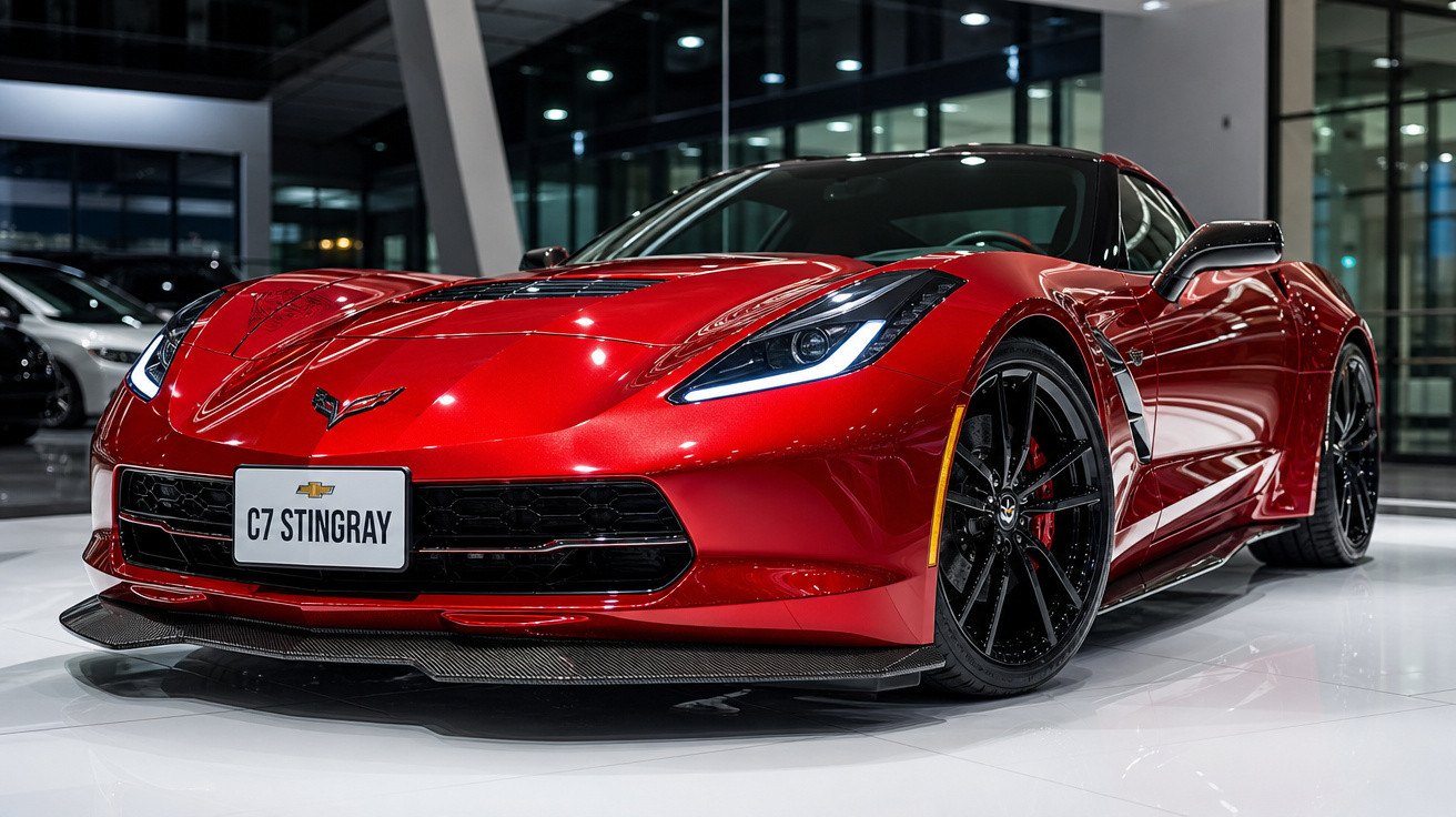 Carro esportivo vermelho Chevrolet C7 Stingray em exposição interna com rodas pretas e faróis acesos.