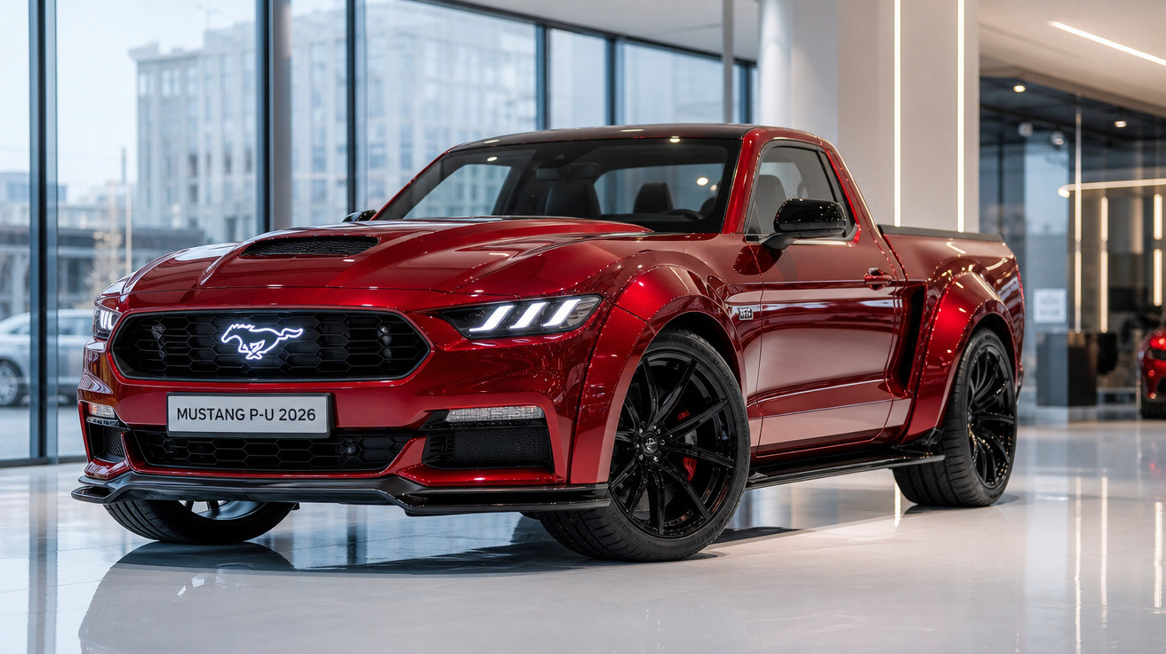Picape esportiva Ford Mustang P-U 2026 vermelha em showroom moderno com iluminação natural.