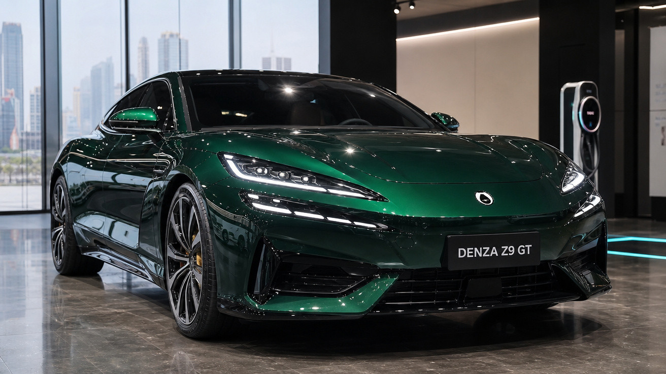 Carro esportivo verde Denza Z9 GT em showroom moderno com piso refletivo e janela panorâmica ao fundo.
